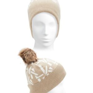 Karl Lagerfeld Beige Knit Beanie with Pom Pom